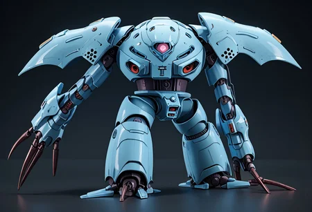score_9, score_8_up, score_7_up, source_anime, front view, BREAK, ( hygogg, blue_hygogg_armor, pink monoeye, from side, looking at viewer, long arms, very long arms, long claws) 1mech, blue mech, wide mech, large shoulders, large shoulder armor, mech focus, solo, BREAK, two arms, GreyK40k