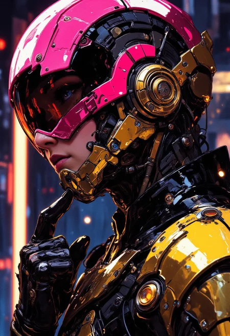 A futuristic cyberpunk female wearing a Judge Dredd-inspired helmet with neon pink and gold accents. Highly detailed black leather jacket with glossy reflections, intricate golden armor and accessories. Sci-fi art with cinematic lighting, and anime aesthetics. close-up portrait with