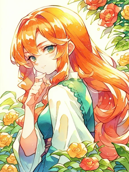 score_9, score_8_up, score_7_up, score_6_up, score_5_up, <lora:ohr_cnXLP:1> ohr_cn, solo, traditional media, watercolor (medium), 1girl, long hair, ginger hair, flower