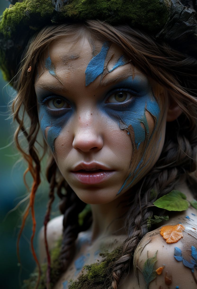 Close-up face, messy make-up, mysterious stoneage girl in traditional clothing, goddess, alluring, by Minjae Lee, Carne Griffiths, Emily Kell, Steve McCurry, Geoffroy Thoorens, Aaron Horkey, Jordan Grimmer, Greg Rutkowski, amazing depth, double exposure, surreal, intricately detailed, bokeh,  perfect balanced, deep fine borders, artistic photorealism , smooth,  great masterwork by Suiras  <lora:add-detail-xl:2>  <lora:Double_Exposure:0.5>