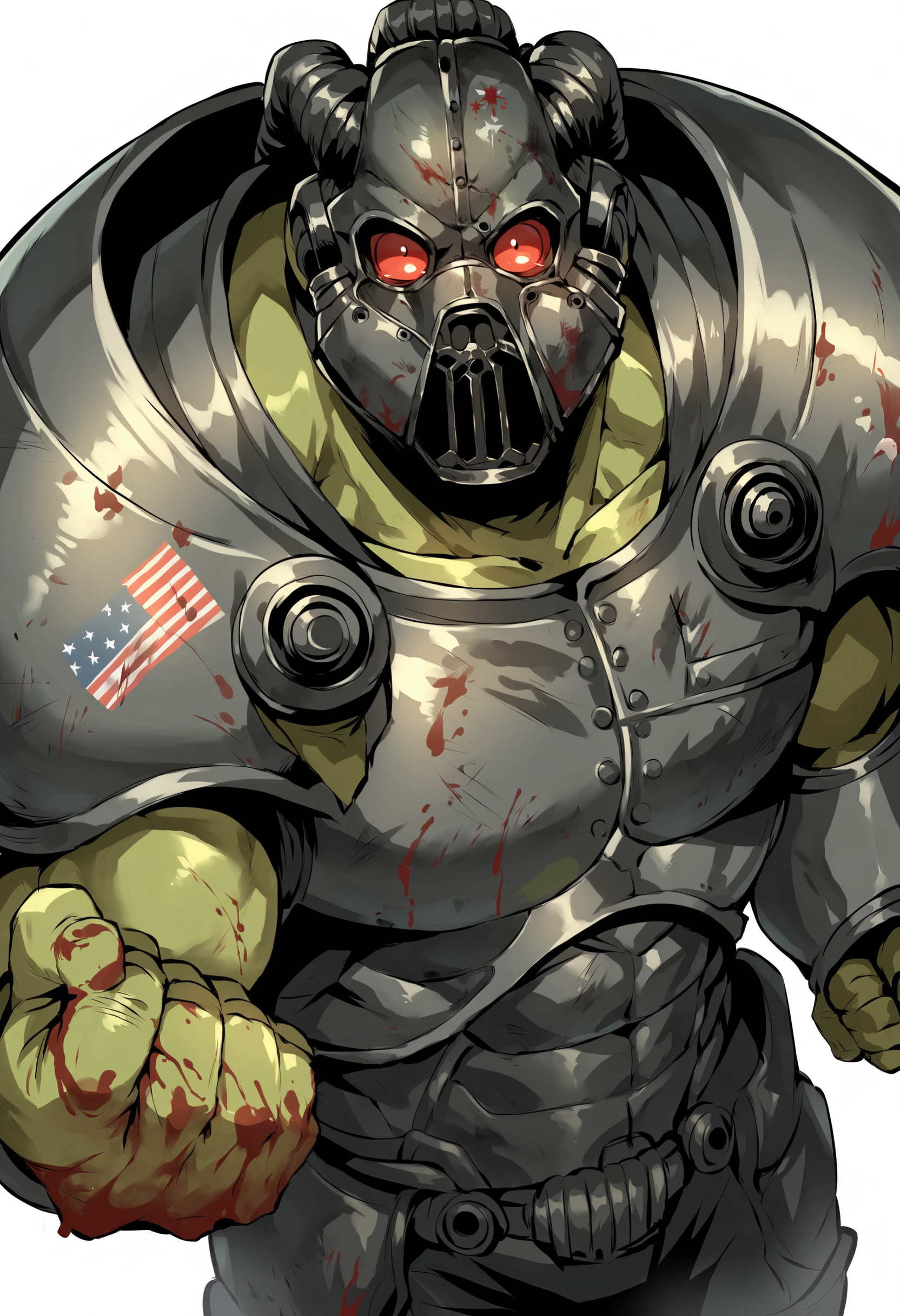 score_9, score_8_up, score_8, source_anime, solo, muscular male, green skin, black helmet, gasmask, power armor, gray armor, shoulder armor, american flag, male focus, red eyes, science fiction, white background, view from above, looking at viewer, holding fist out, bloody fist,
<lora:FrankHorrigan:0.75>,
