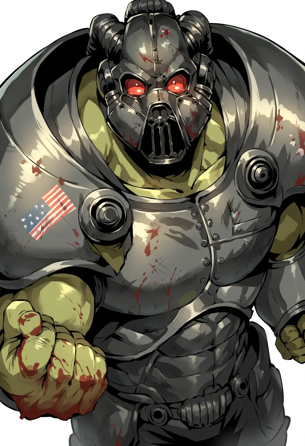 score_9, score_8_up, score_8, source_anime, solo, muscular male, green skin, black helmet, gasmask, power armor, gray armor, shoulder armor, american flag, male focus, red eyes, science fiction, white background, view from above, looking at viewer, holding fist out, bloody fist,
<lora:FrankHorrigan:0.75>,