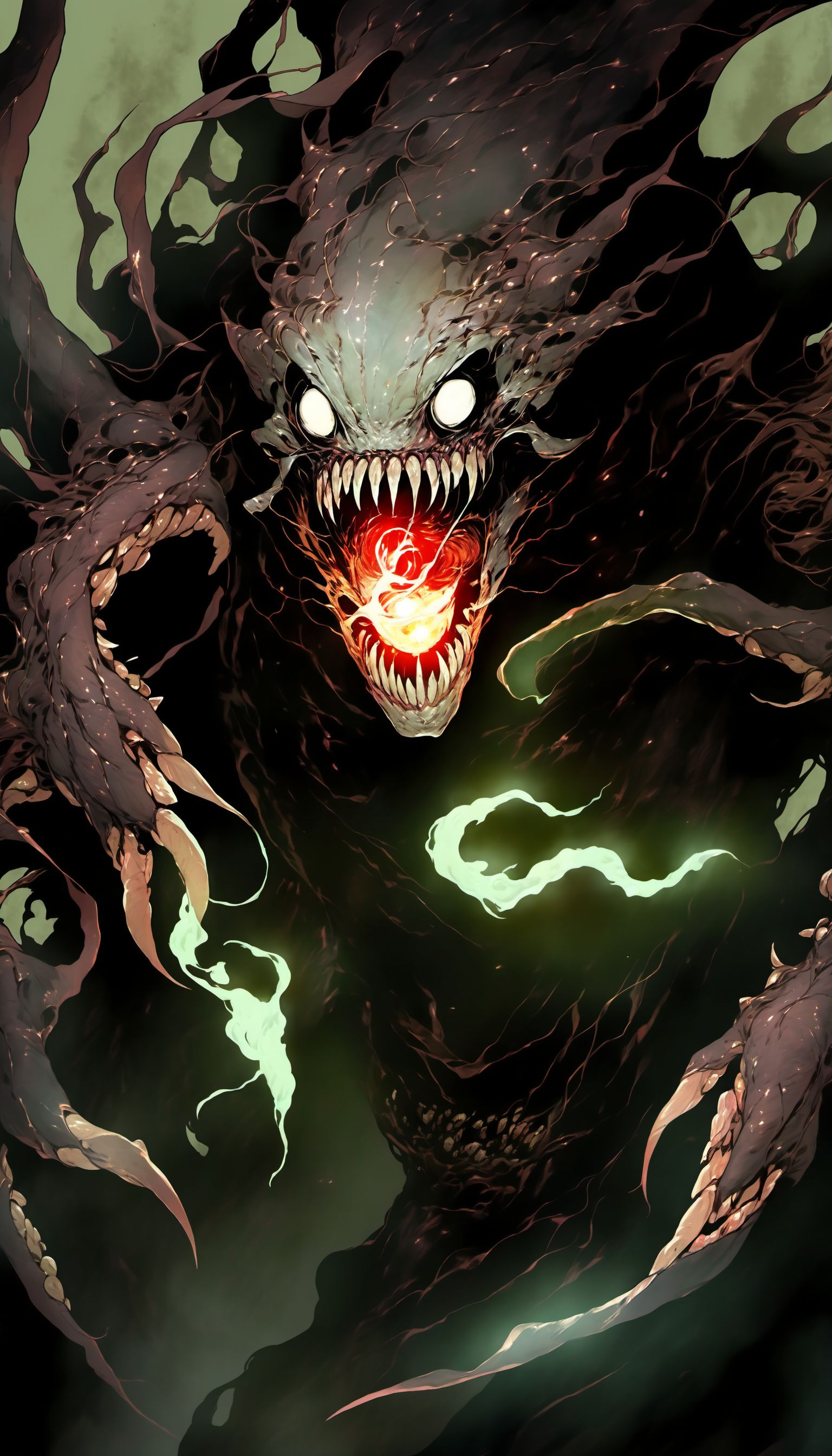 <lora:[XL]dark_fantasy_creature:1>a creepy creature with a light in its mouth and a creepy face on it's face, with a light in its mouth