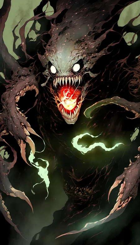 <lora:[XL]dark_fantasy_creature:1>a creepy creature with a light in its mouth and a creepy face on it's face, with a light in its mouth