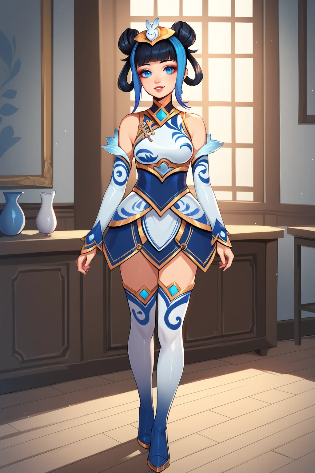 score_9, score_8_up, score_7_up, score_6_up, BREAK, LuxPorcelainXL, blue eyes, black hair, two-tone hair, short hair, blunt bangs, blue sidelocks, double bun, hair rings, hair ornament, medium breasts, white dress, detached sleeves, white thighhighs, white thigh boots, solo, full body, standing, seductive smile, looking at viewer, indoors <lora:LuxPorcelainXL:1>
