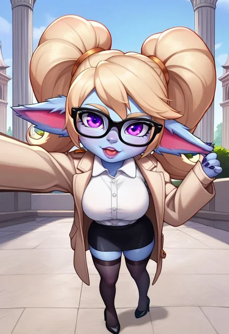 score_9,score_8_up,score_7_up,detailed eyes, beautiful, detailed background, perfect eyes,source_anime, very aesthetic, anime screencap, anime coloring,source_furry,
1girl,Poppy,lol,yordle,colored skin,blue skin,large breasts,large thighhighs,fluffy ears,blonde hair,twintails,purple eyes,
Long black heels, black skirt,white shirt,beige coat,glasses,In Paris, under the Eiffel Tower, taking a selfie,air kiss,winks,