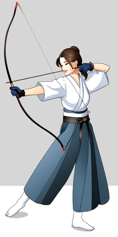 Bow, Japanese, kyudo, yumi, 1girl, solo, skirt, brown hair, gloves, holding, standing, full body, ponytail, weapon, japanese clothes, hakama, hakama skirt, single glove, bow \(weapon\), partially fingerless gloves, arrow \(projectile\), holding bow \(weapon\), aiming, holding arrow, drawing bow, archery, in the style of <lora:bow01_xl:1>