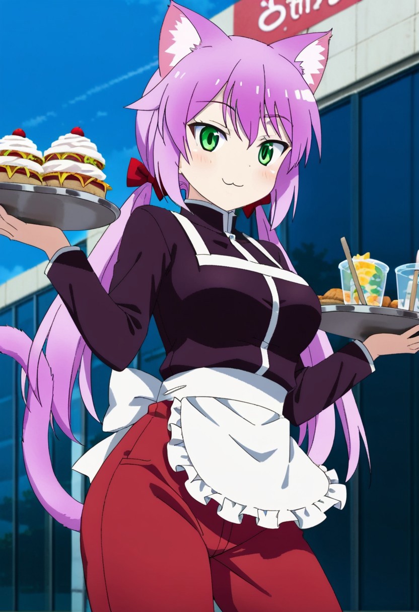 kurumi nekomai, long hair, light purple hair, cat ears, fluff on the ears, cat tail, fluffy tail, (green eyes: 1.1), 2 pigtails, pron, baozi, white apron, chinese clothes, food, closed mouth, pants, red pants, tray, holding, BREAK naughty face, seductive smile, in heat, happy, seductive, sexy, alluring, charming, BREAK (blue sky:1.3), (daytime:1.2), (Shibuya:1.1), (urban area:1.2), (outdoor:1.2),street,downtown, standing on one leg,