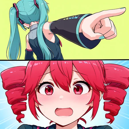 masterpiece, best quality, absurdres, yourturn, comic,
BREAK
1girl, hatsune miku, facing away, looking down, pointing at another, simple background, smile, closed mouth,
BREAK
kasane teto, blush, open mouth,
<lora:Next_its_your_turn_meme:1>