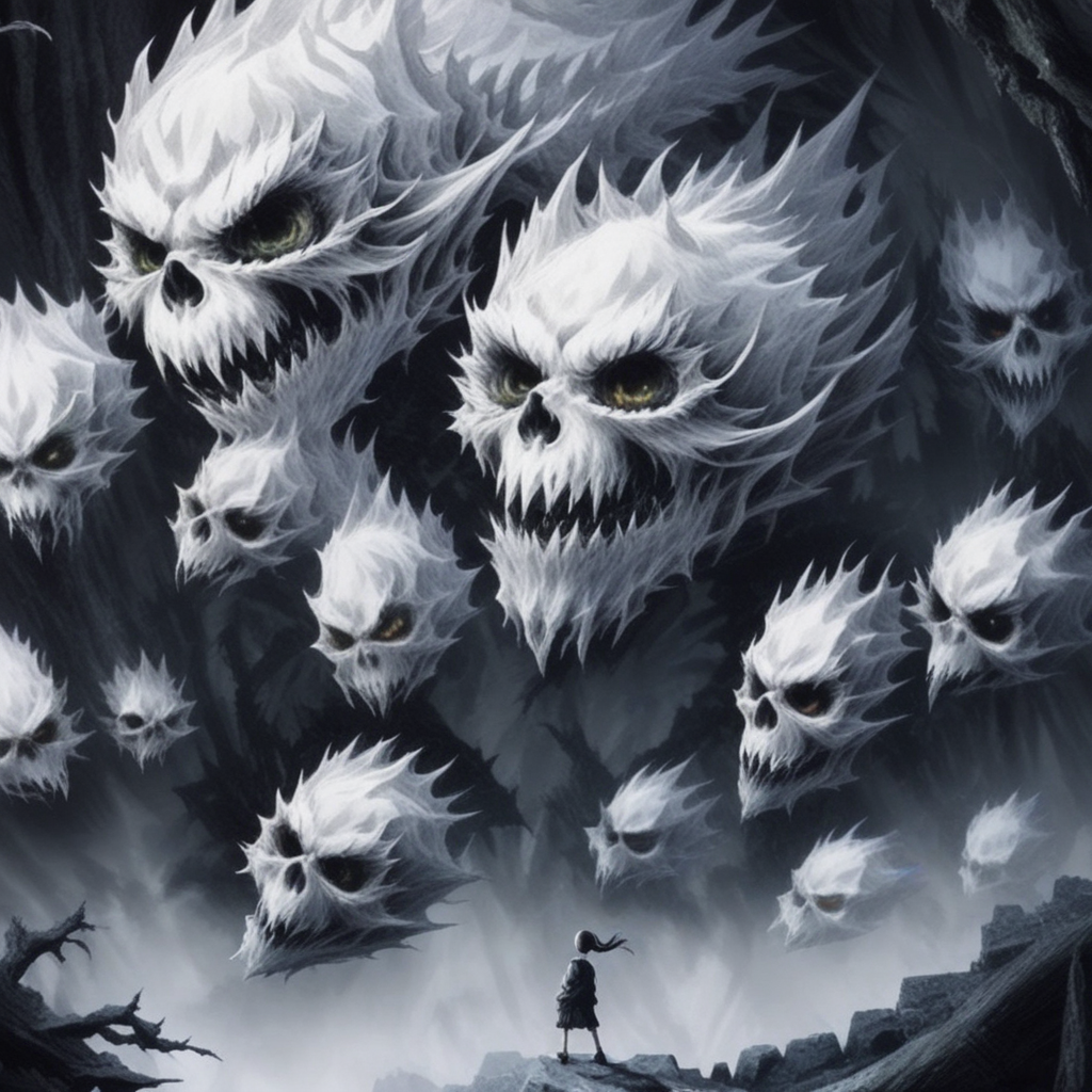 scenery, dragon, traditional media, fangs, rock, monster, multiple wings, forest, skull, white eyes, 1boy, castle