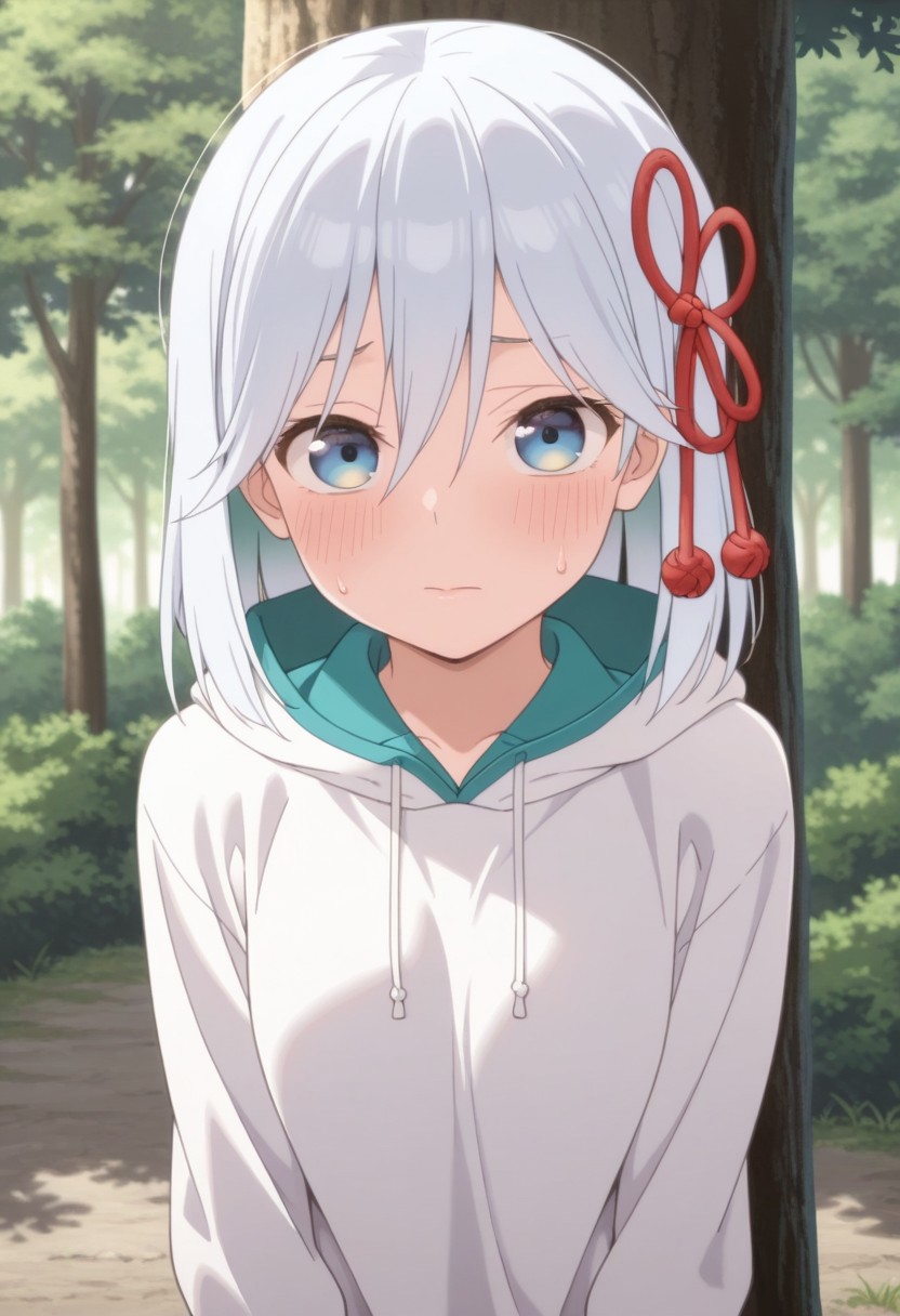 masterpiece,best quality,amazing quality, asahi amagami, blue-white hair, blue eyes, 1girl, solo, blush, hair between eyes, tree, looking at viewer, closed mouth, sweatdrop, hair ornament, outdoors,