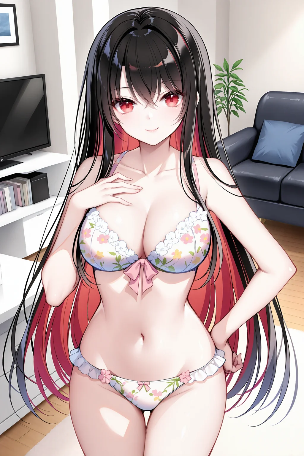 masterpiece,best quality,newest,absurdres,highres,soft shadows,photorealistic,year2024,mutou kurihito,[kimishima ao],[[[bison cangshu]]],[[[[[sheya]]]]],
<lora:ren(witch)XLNAI:1>,ren(def),1girl,long hair,black hair,multicolored hair,red eyes,hair between eyes,red hair,colored inner hair,1girl,smile,
living room,hand on own chest,standing,hand on own hip,
<lora:neiyiâãnoobã:1>,Floral bra and panties set,Pastel floral lingerie,Pink and white lingerie,Floral pattern bra and panties,