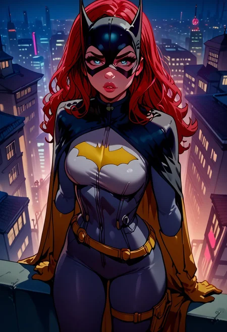 score_9, score_8_up, score_8, intricate details, 1dk,  b4tgirl, 1girl, solo, mask, gloves, bodysuit, long hair, cape, red hair, utility belt, boots, thick eyebrows,expressive, pouty lips, classy, elegant,desiring, cute, skyscraper, rooftop, neon , night, city