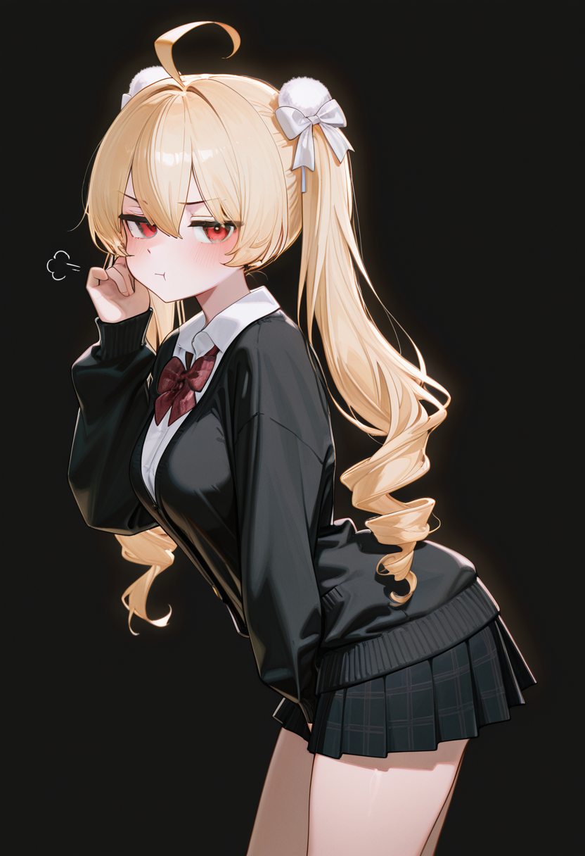 masterpiece, best quality, amazing quality, 1girl, [healthyman, mameojitan, wanke], [ciloranko], TTBG, blonde hair, long hair, ahoge, red eyes, hair between eyes, twintails, hair bow, white bow, ringlets, pom pom hair ornament, white shirt, collared shirt, black cardigan, plaid bowtie, red bowtie, miniskirt, plaid skirt, black skirt, pleated skirt, caststation illu, black background, simple background, from side, standing, hand up, arm between legs, tucking hair, looking at viewer, jitome, pout, :T, blush, medium breasts