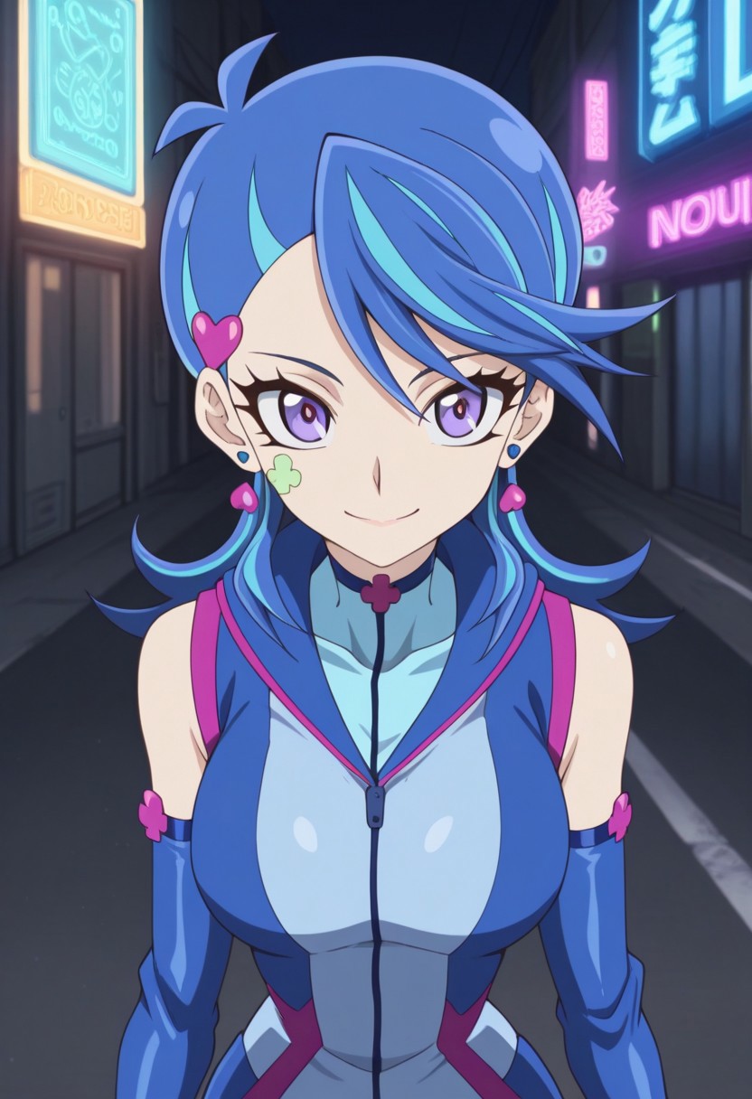 masterpiece,best quality,amazing quality, source_anime, 
AoiZaizen,1girl, solo, blue gal outfit, purple eyes, facial tattoo, multicolored hair, blue hair, hair ornament, heart hair ornament, earrings, shirt, blue shirt, short jumpsuit, detached sleeves,  smile
outdoor, futuristic, neon lights,