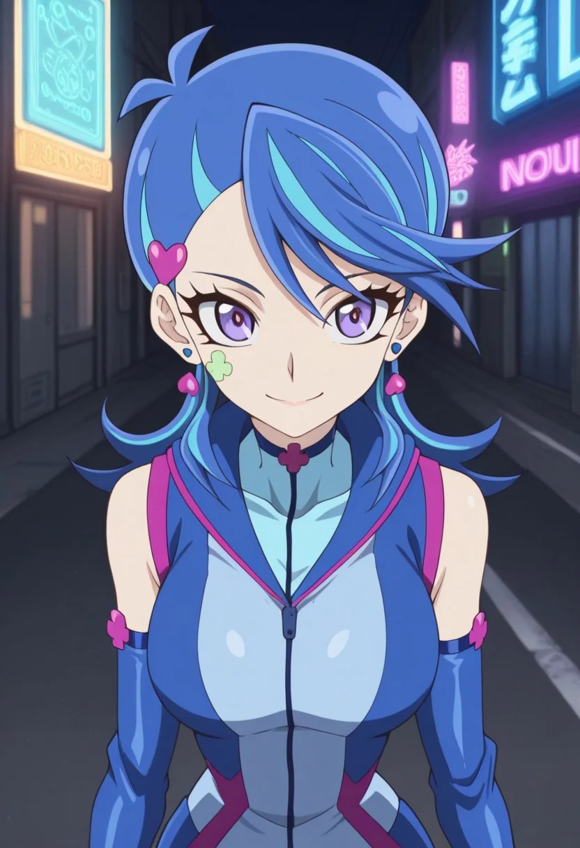 masterpiece,best quality,amazing quality, source_anime,
AoiZaizen,1girl, solo, blue gal outfit, purple eyes, facial tattoo, multicolored hair, blue hair, hair ornament, heart hair ornament, earrings, shirt, blue shirt, short jumpsuit, detached sleeves, smile
outdoor, futuristic, neon lights,