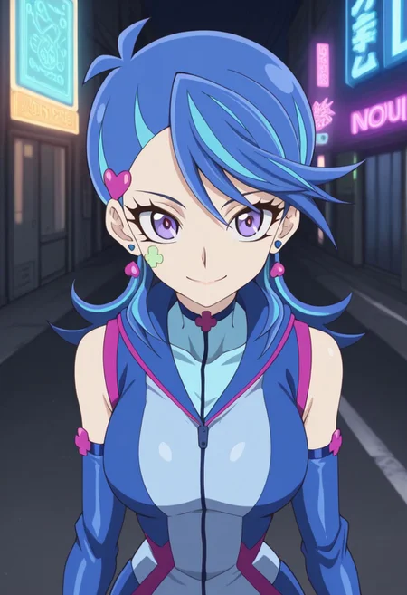 masterpiece,best quality,amazing quality, source_anime,
AoiZaizen,1girl, solo, blue gal outfit, purple eyes, facial tattoo, multicolored hair, blue hair, hair ornament, heart hair ornament, earrings, shirt, blue shirt, short jumpsuit, detached sleeves, smile
outdoor, futuristic, neon lights,