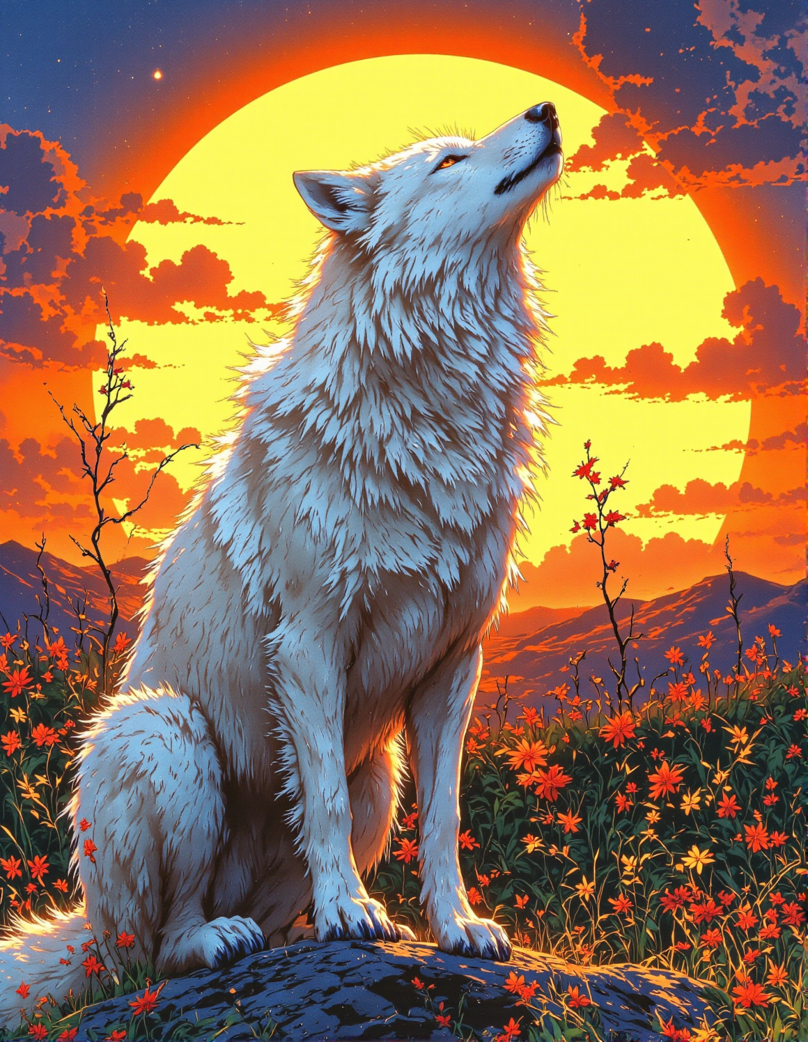 a white wolf sitting in tall grass. The wolf has its head tilted back and its eyes are closed. The background is a mix of orange and blue colors. There are red and orange colors in the grass in the foreground. The image is painted in a loose, textured style with visible brushstrokes, <lora:FantasyWizardWitchesFluxV2-000001:0.8>, <lora:Vibrantly_sharp_style_v.2:0.7>, <lora:FluxProUltraFantasia:0.6>, <lora:RetroAnimeFluxV1:0.3>, <lora:FluxMythR3alisticF:0.5>, <lora:Cozy_Paradise:0.9>