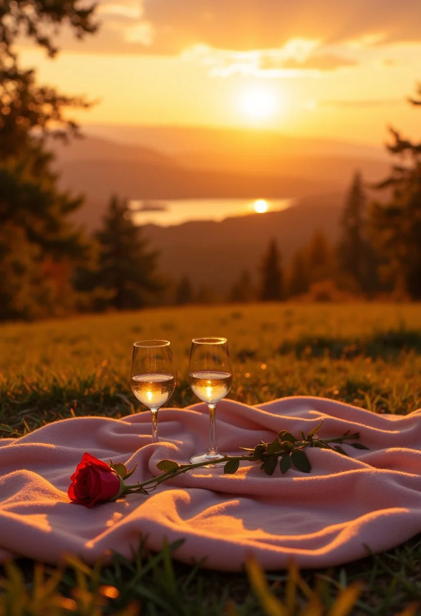 lA picturesque picnic setup overlooking a breathtaking sunset. The scene is adorned with a soft blanket spread out on the lush green grass. Two elegant wine glasses sit close together, glistening in the golden light. A single, perfect red rose lies gently across the blanket, symbolizing love and passion. The ambiance is serene and warm, with the sun casting a romantic glow over the landscape. The entire scene exudes a Valentine's Day feel, filled with intimacy and beauty.