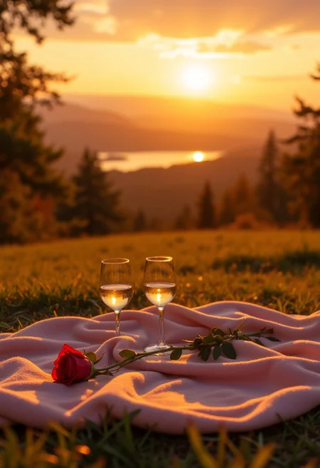 lA picturesque picnic setup overlooking a breathtaking sunset. The scene is adorned with a soft blanket spread out on the lush green grass. Two elegant wine glasses sit close together, glistening in the golden light. A single, perfect red rose lies gently across the blanket, symbolizing love and passion. The ambiance is serene and warm, with the sun casting a romantic glow over the landscape. The entire scene exudes a Valentine's Day feel, filled with intimacy and beauty.