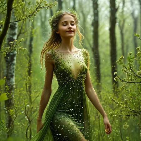 epiCRealism, (masterpiece, extremely detailed, highest quality),the queen of the forest is the most beautiful creature in the woods, cute, sensual, wears a see through dress made of tiny interwoven leaves, light, carefree, smile and happy, levitating just over the flowers in her glade among old oaks and willows, her hair floats behind her long and green full of small flowers, it is springtime and a storm has just finished leaving trillions of drops and the air is full of birds, bees, insects and a myriad of small seeds, the Sun shines glorious among the heavy stormy clouds sending its rays down to the glade like columns of light