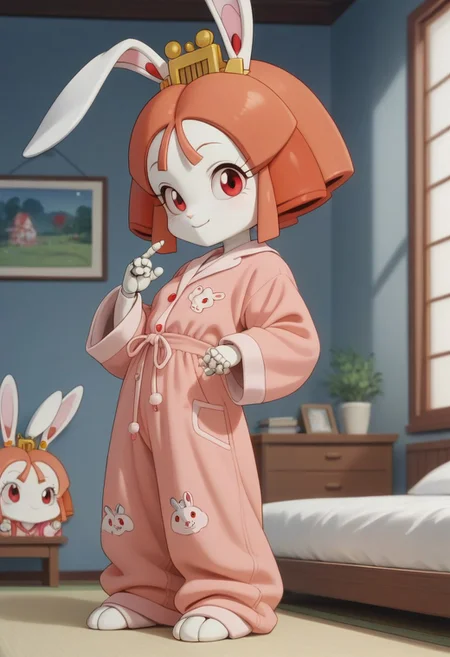 1girl, solo, (Tokugawa Usako, rabbit girl, white skin, ((android)), doll joints, petite), score_9, score_8_up, score_7_up, score_6_up, score_5_up, score_4_up, chibi, short legs, rabbit tall, looking at viewer, 3/4 side view, slightly smil, small breasts, thin waist, smile, red eyes, blurry background, out of focus, Expressiveh, looks at the viewer, jyojifuku, pajamas, baggy pajama pants,