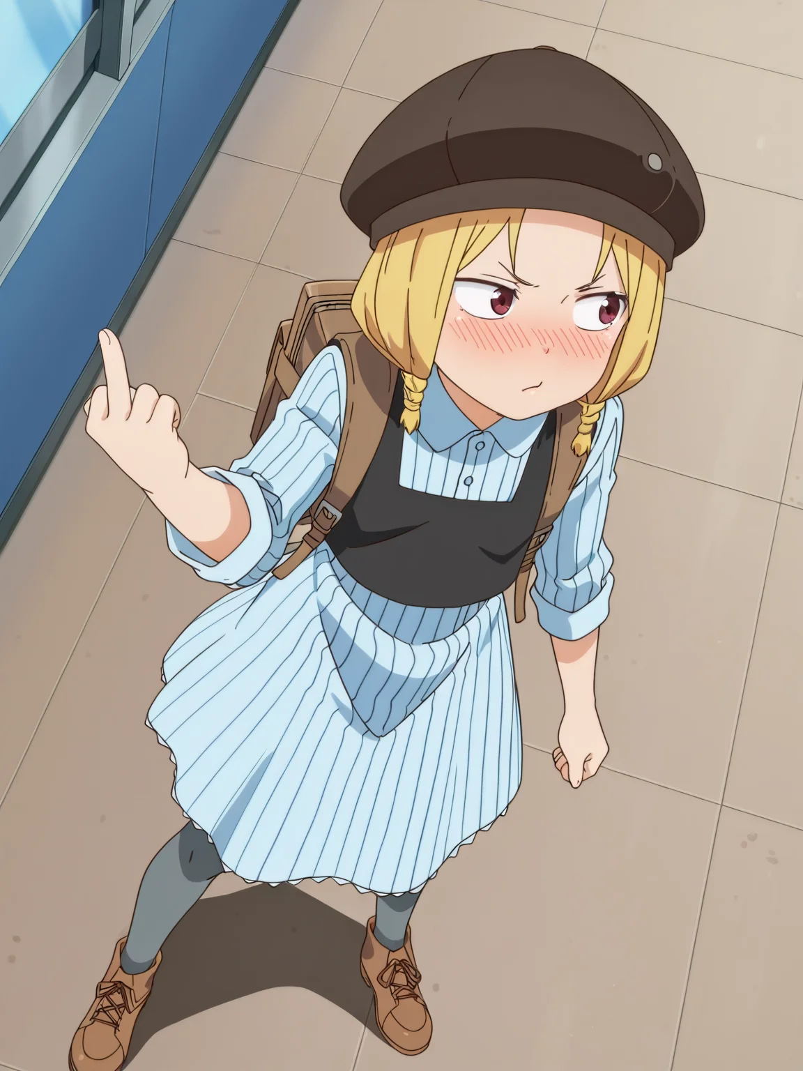 masterpiece, best quality, amazing quality, absurdres, newest, dynamic_angle, defined facial features, anime coloring, anime screencap,
<lora:4in1_Chio_Manana_Yuki_Chiharu_ILv0a:0.8> chih@ru and0, blue vertical striped dress, black vest, brown cabbie hat, brown footwear, gray thighhighs, full body, brown backpack, blush, looking to the side, middle finger,