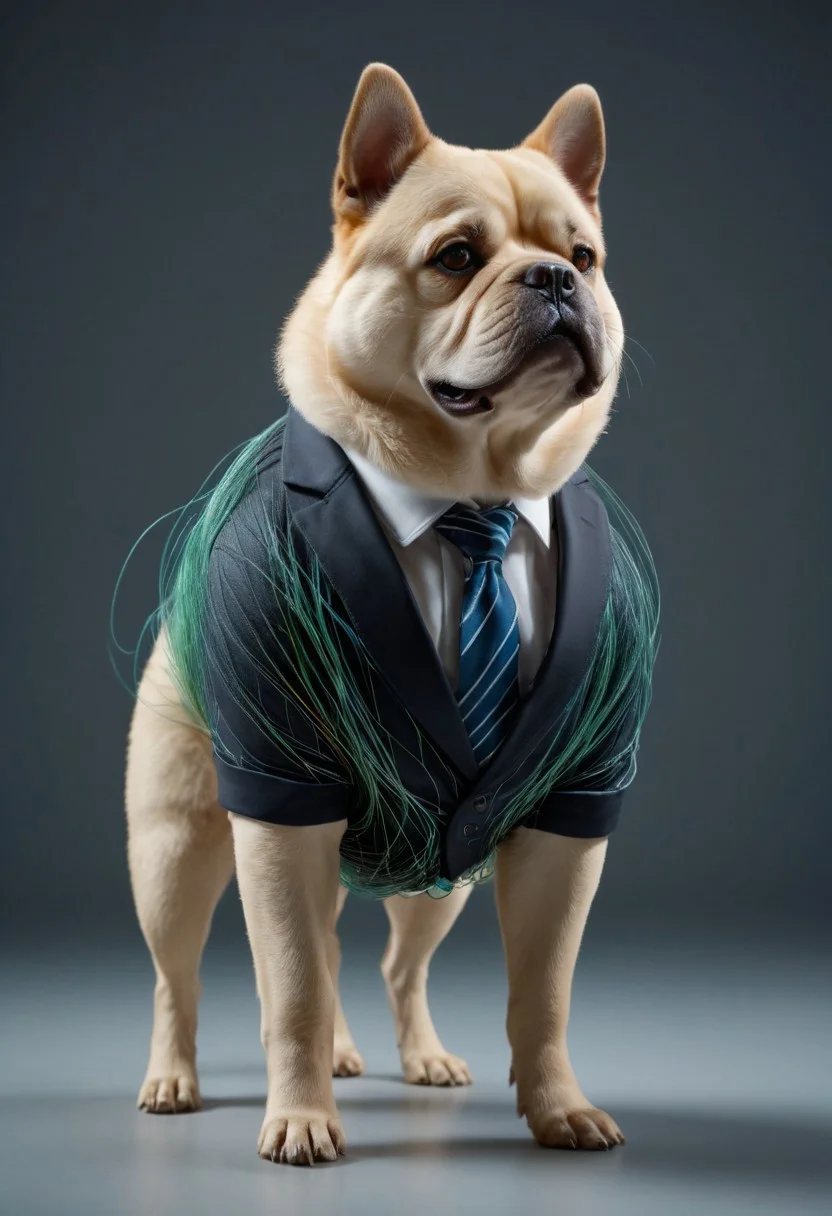 photo of a cute chubby dog standing wearing a business suit made of tiny neon glass filaments, make CivChan happy