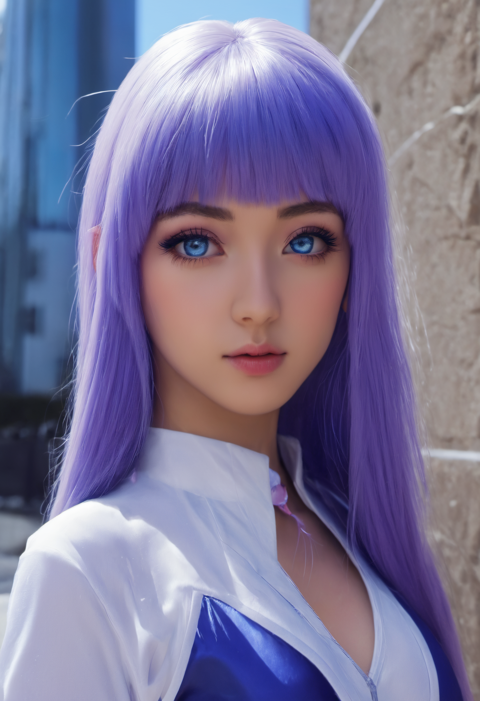 <lora:cwhyberponk:1>,cwhyberponk,science fiction,realistic,cyberpunk,fantasy,city,street,, lavender-white eyes,(featureless eyes:1.3),dark blue eyes,very_long_hair,fair skin complexion,petite,slender,lavender clothing,white clothing,fur trim clothing,dark blue clothing,open-toed sandals,<lora:Hinata Hyuuga:1>,hhwiafu,blue hair,hair bangs,black hair,photo background,1girl,medium breasts,