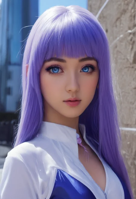 <lora:cwhyberponk:1>,cwhyberponk,science fiction,realistic,cyberpunk,fantasy,city,street,, lavender-white eyes,(featureless eyes:1.3),dark blue eyes,very_long_hair,fair skin complexion,petite,slender,lavender clothing,white clothing,fur trim clothing,dark blue clothing,open-toed sandals,<lora:Hinata Hyuuga:1>,hhwiafu,blue hair,hair bangs,black hair,photo background,1girl,medium breasts,
