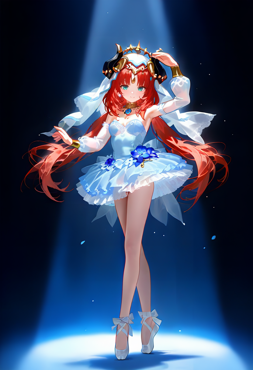 1girl,nilou \(genshin impact\),genshin impact,alternate costume,ankle bow,aqua eyes,arm up,ballerina,ballet,ballet slippers,bare legs,bare shoulders,black background,blue background,blue dress,blue flower,blue gemstone,bow,bracer,breasts,brooch,circlet,cleavage,closed mouth,dancer,dancing,detached sleeves,dress,dress flower,en pointe,fake horns,floating hair,flower,footwear ribbon,full body,gem,horns,jewelry,legs,light particles,long hair,looking at viewer,low twintails,neck ring,parted bangs,red hair,see-through clothes,short dress,short sleeves,small breasts,smile,solo,spotlight,standing,strapless,strapless dress,thighs,tiptoes,tutu,twintails,veil,very long hair,white dress,white footwear,white headwear,white sleeve <lora:nyaliaXL_NBVP1_lokr_V6311PZ:0.95>