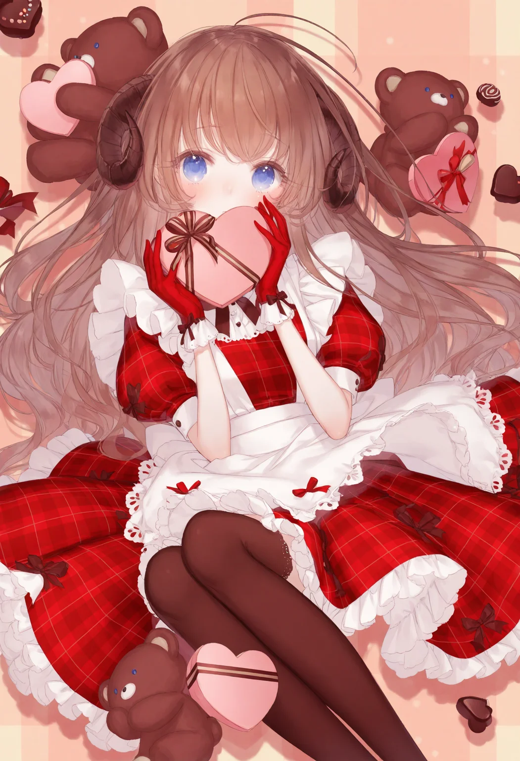 <lora:myc1_noob1.1-000189:0.9>,1girl, box, red dress, dress, heart-shaped box, thighhighs, solo, plaid dress, brown hair, gloves, stuffed animal, long hair, holding, stuffed toy, gift, heart, food, candy, apron, teddy bear, horns, very long hair, valentine, red gloves, brown thighhighs, sheep, blue eyes, chocolate, gift box, plaid, frills, blush, feet out of frame, heart-shaped chocolate, curled horns, looking at viewer, ribbon, frilled dress, holding box, plaid background, short sleeves, puffy sleeves,
masterpiece,best quality,newest,absurdres,highres,very awa,