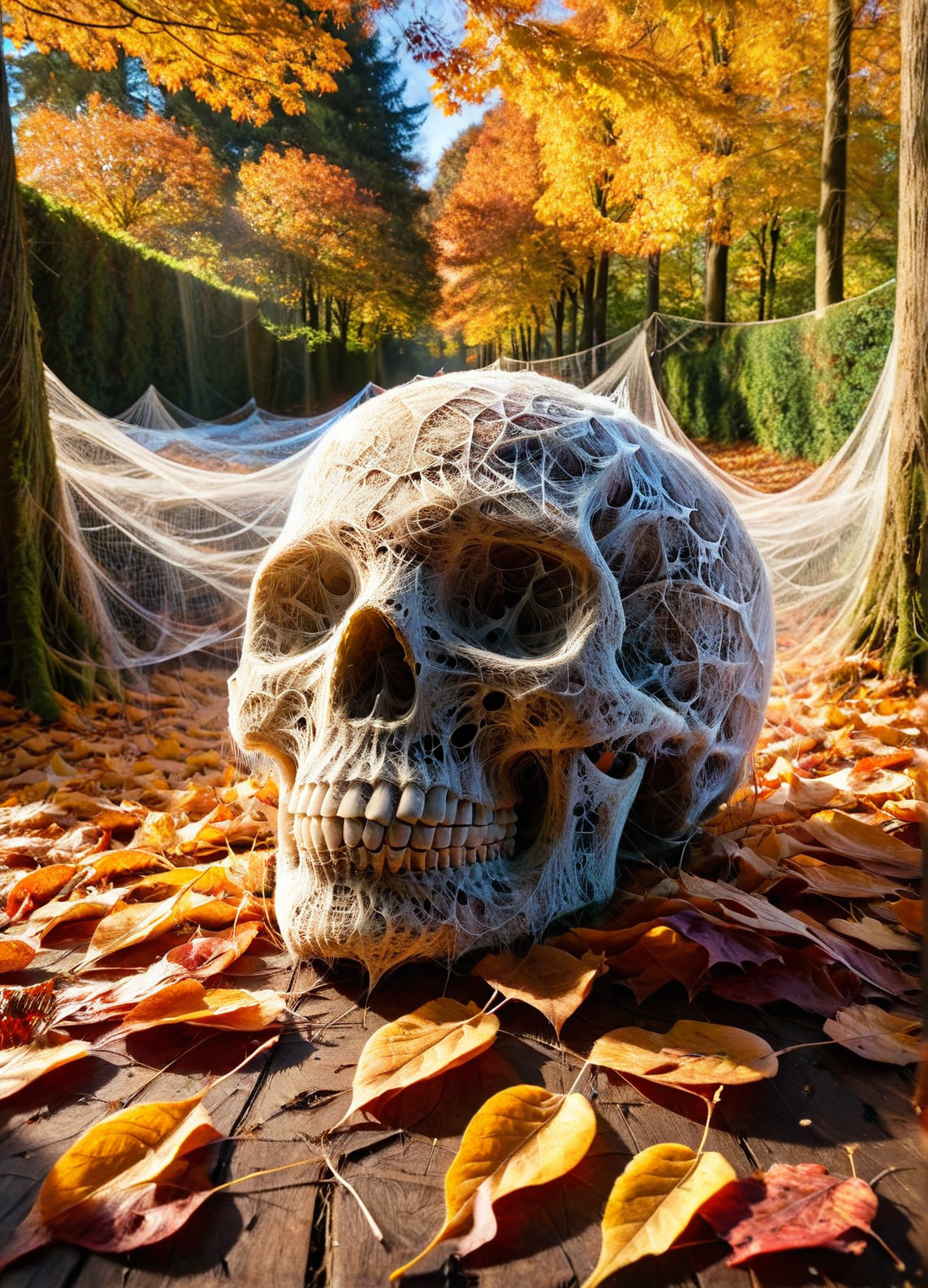 An ais-cbwbs skull resting on a bed of autumn leaves, sunlight filtering through the trees <lora:ais-cbwbs-sdxl:1>