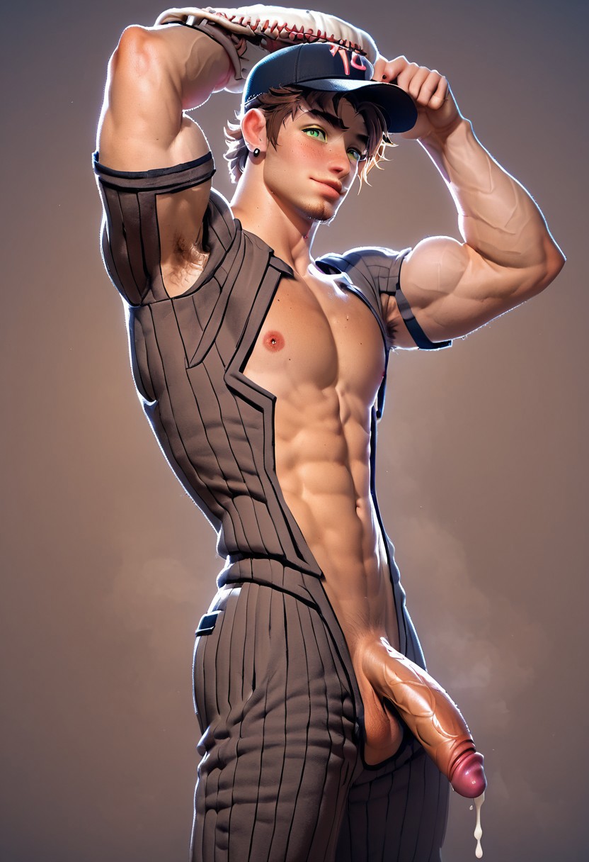 Gay, score_9,score_8_up,score_7_up, 1boys, solo (1 cute man, very short hair, brown hair, boyish, freckles, green eyes, smooth, freckles on body, wearing baseball hat ,short, thick, twink. goatee, brown hair, handsome, body hair, hair around nipples, armpit hair, chest hair, musk clouds, smell clouds, (((((lycra suit))))), (((((lycra cock))))), side view, nude, side profile, looking down at penis, huge pectorals, abs, beefy muscles, long penis, muscle growth, bodybuilder muscles, girthy penis, dripping cum, abs, thick leg muscles