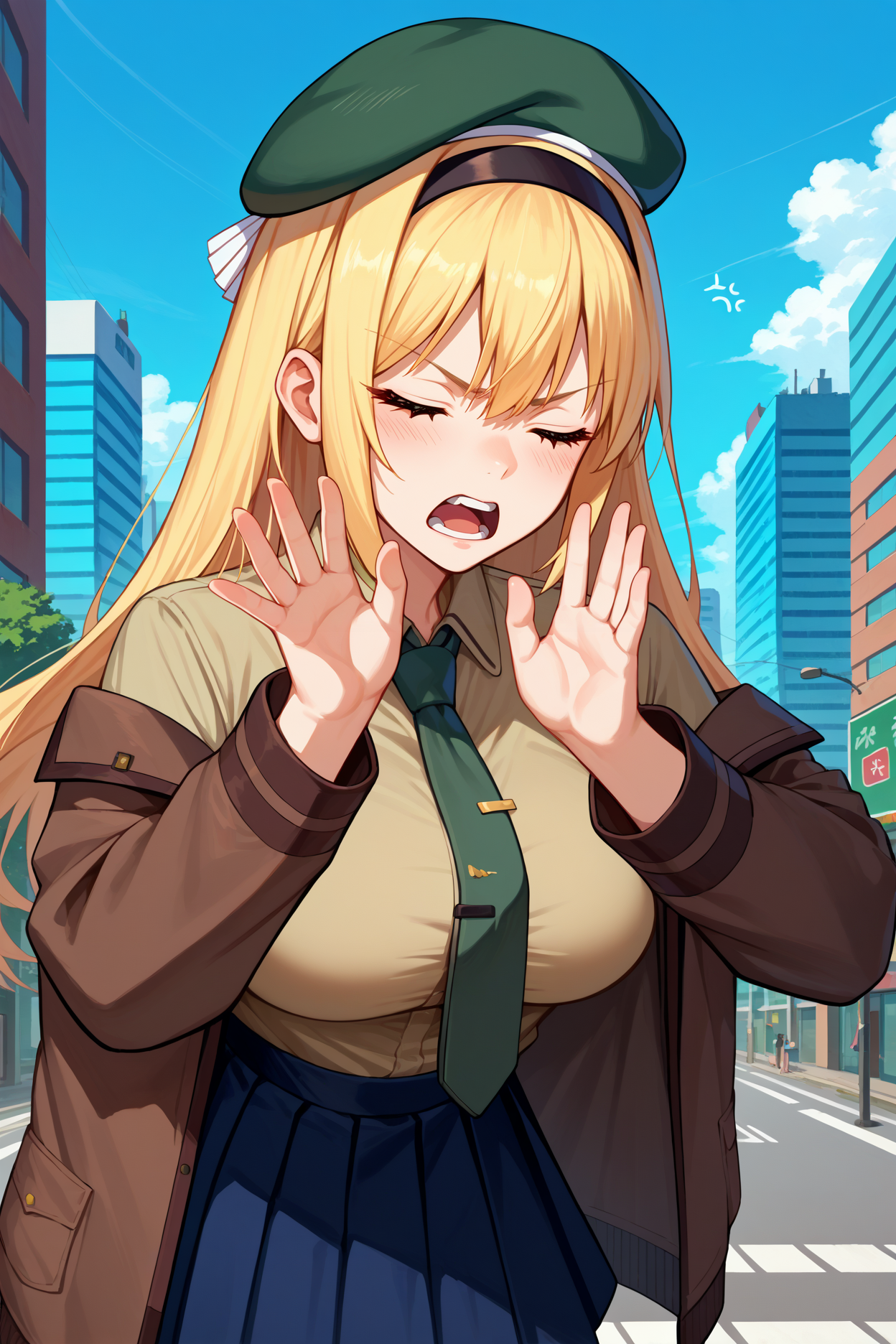score_9, score_8_up, score_7_up, score_6_up, source_anime, 1girl, solo, <lora:m1garand-pdxl-nvwls-v1-000005:1> gflm1, blonde hair, long hair, beret, black hairband, green necktie, beige shirt, collared shirt, brown jacket, blue skirt, pleated skirt, black pantyhose, big breasts, closed eyes, squint, annoyed, open mouth, blush, hands up, blue sky, city, teeth