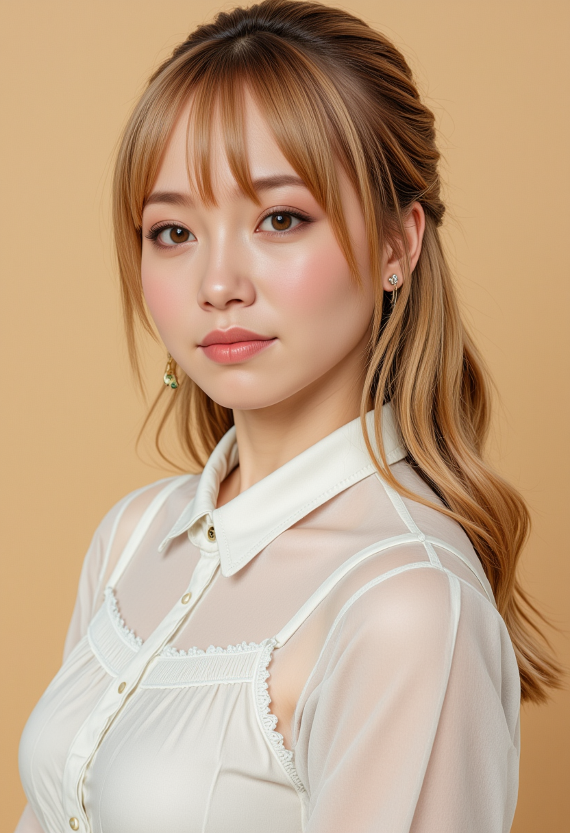 She is approximately 18 years old. Hyperrealism, she is looking at the camera, (dynamic angles), profile headshots of a beautiful, stunning unique female character. she has blonde hair. her eyes are filled with joy and excitement, extravagant eyelashes, a photo of Kitti3, a woman wearing a white frilly shirt. The woman is posing confidently. simple beige background. She has a slight smile on her face and is looking directly at the camera. making this image a masterpiece of photography and digital art. realistic. making this image a masterpiece of photography and digital art. Style: realistic hyper-detailed rendering, 32k UHD, expressive eyes, punk, graphic design, girl's face, pretty and cute, gleaming lips, telling a tale of adventure. Exuding confidence and serenity. The overall mood of the image is happy and relaxed,detailed skin texture,(blush:0.2),(goosebumps:0.3),subsurface scattering,whimsical,Detailed hand, Perfect hand. Perfection style.