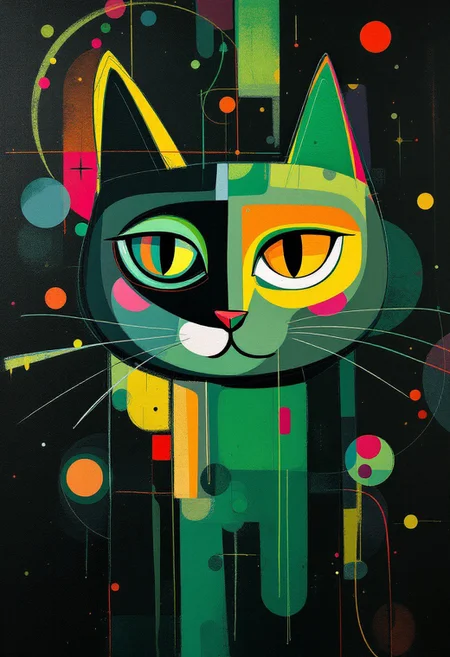 abstract expressionist painting Pop Art and cubism early 20 century, straight lines and solids, cute cat face without body, (((warm colors))), green, intricate details, hologram floating in space, a vibrant digital illustration, dribbble, quantum wavetracing, black background, behance hd, vivid colors, flat color, 2D, strong lines, Pop Art . energetic brushwork, bold colors, abstract forms, expressive, emotional