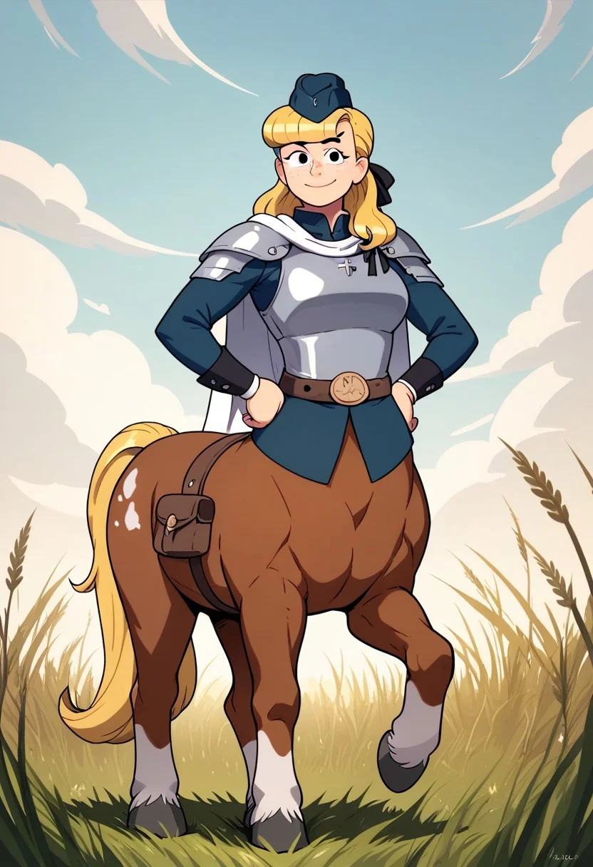 Score_9, score_8_up, score_7_up, score_6_up, score_5_up, score_4_up BREAK, rider as a female (centaur:1.3), (25 yo,mature female), horse legs, blonde hair, 1girl, solo, light -skinned female, freckles, armor, belt, black hat, black ribbon, breastplate, cape, garrison cap, hair ribbon, hat, long sleeves, pouch belt, ribbon, scabbard, tail, watson cross, weapon, white cape, long hair, shoulder armor, black eyes, cartoon eyes, hands on own hips, smile, mischievous smile, looking at viewer, outdoors, grass, field, fully in view, lifting hoof
<lora: Mackenzie_cotc:0.9>, horse tail