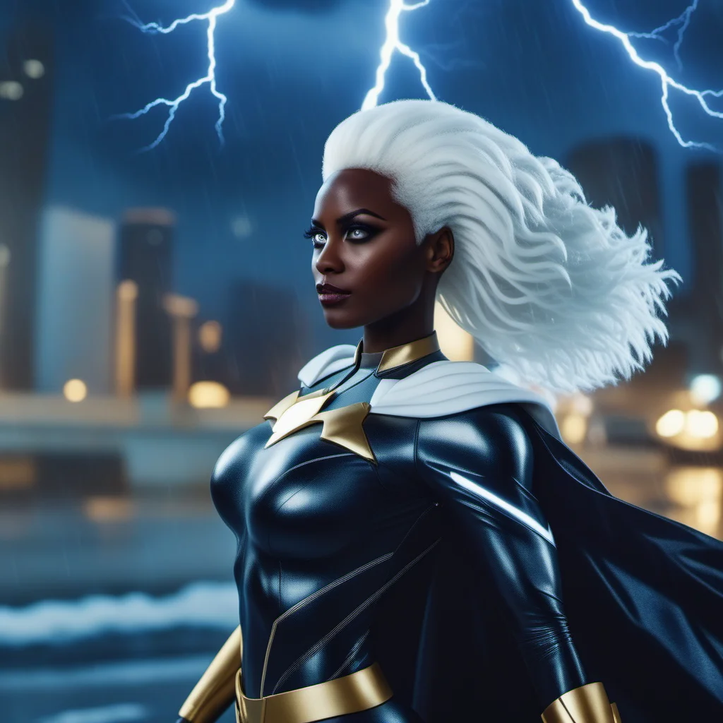 cinematic photo a black woman with white hair, super hero, storm, white eyes, standing powerfull in the rain, city, drmatic, masterpiece <lora:Storm1024-000105:0.8> . 35mm photograph, film, bokeh, professional, 4k, highly detailed