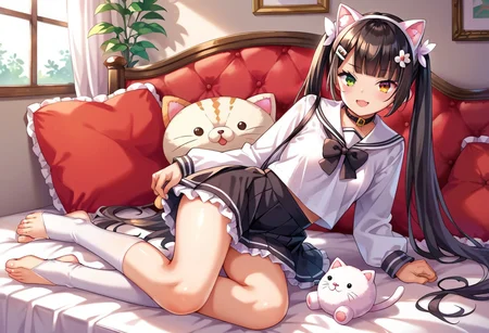 score_7, score_8_up, score_7_up, source_anime, 1girl, solo, looking at viewer, pinup pose, pin-up,
Azuma Komari, (petite:1.2),
very long hair, black hair, twintails, sidelocks, blunt bangs, small breasts, yellow eyes, green eyes, heterochromia,
hair flower, white flower, wing hair ornament, hairclip, hair ribbon,
school uniform, white sailor collar, black bowtie, white shirt, long sleeves, miniskirt, black skirt, suspender skirt, frilled skirt, white socks, frilled socks, no footwear, stirrup legwear, toeless legwear,
fake animal ears, cat ears, cute, plush toy,