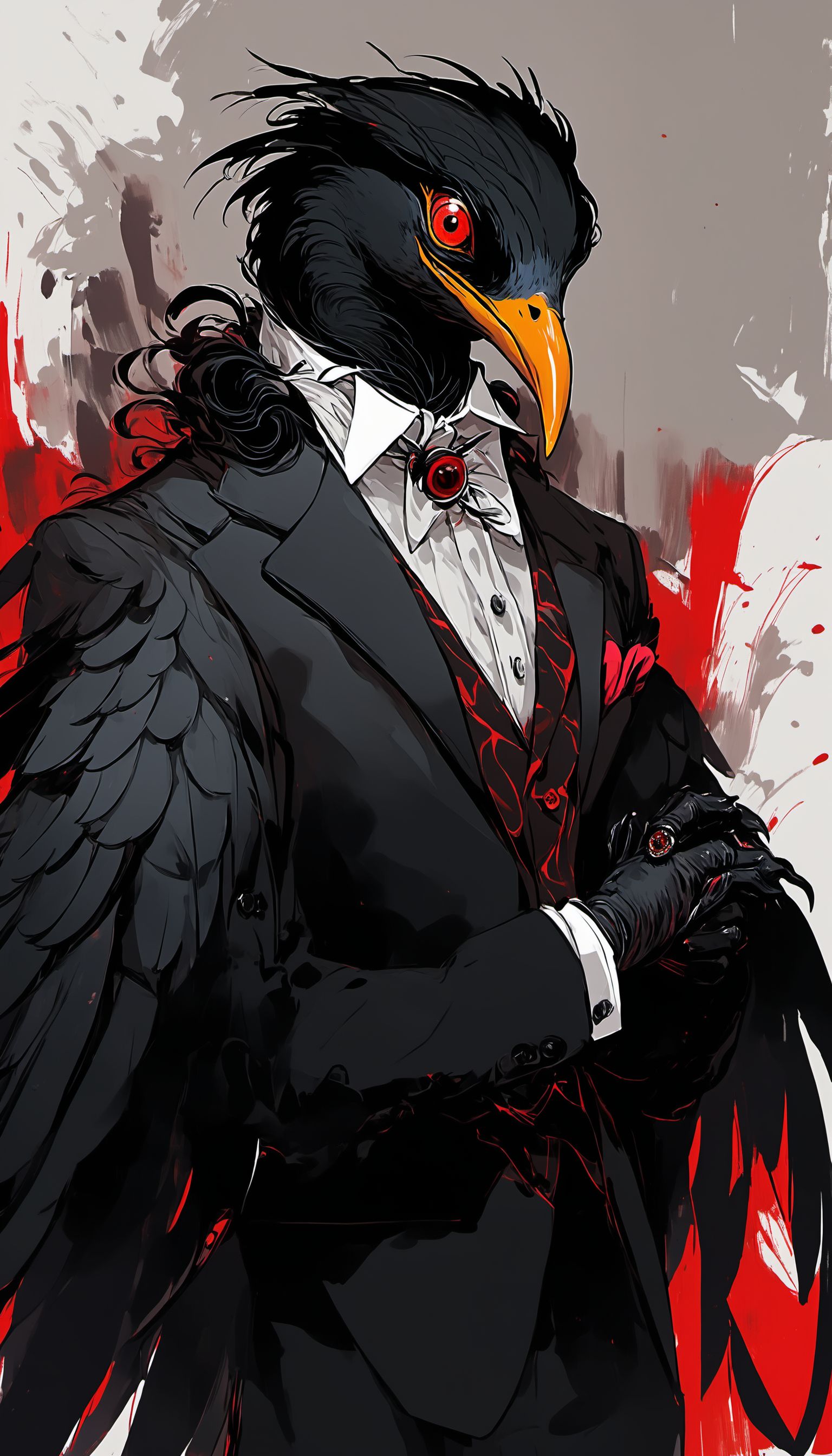 <lora:[XL]dark_fantasy_creature:1>a black bird with red eyes and a suit on, standing in front of a white background with red spots