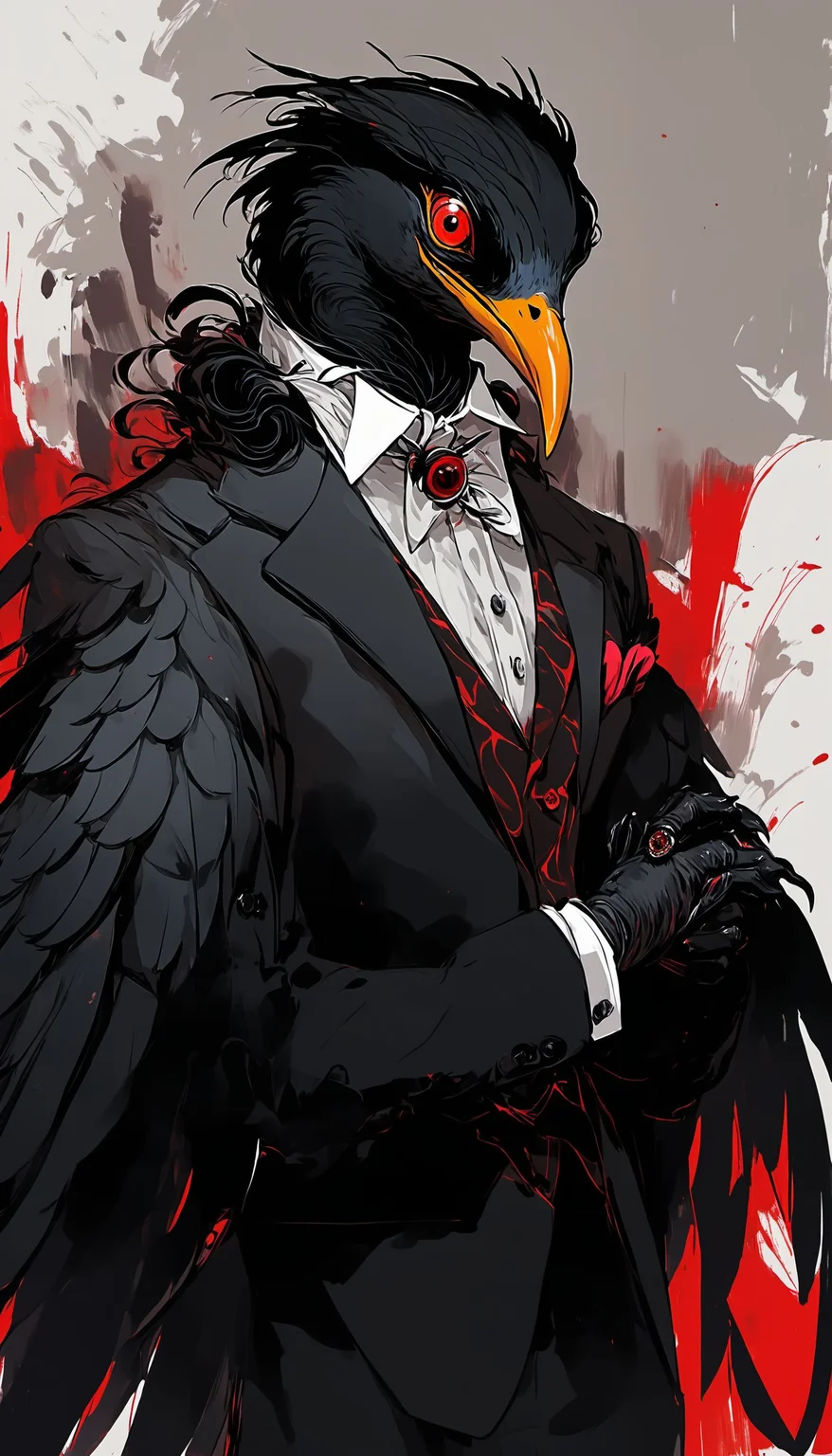 <lora:[XL]dark_fantasy_creature:1>a black bird with red eyes and a suit on, standing in front of a white background with red spots