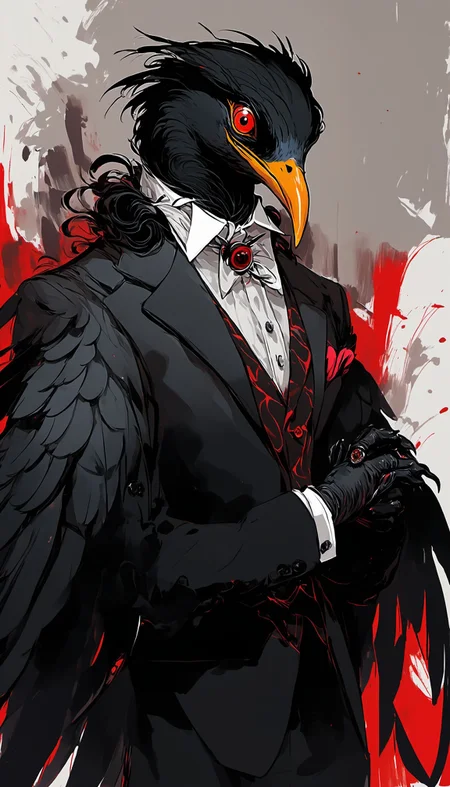 <lora:[XL]dark_fantasy_creature:1>a black bird with red eyes and a suit on, standing in front of a white background with red spots