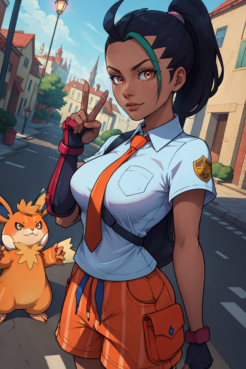 (masterpiece, best quality, absurdres, 4k, aesthetic, detailed, intricate, perfect lighting),outside,cinematic angle,1girl,smug, peace sign,nemona (pokemon), streaked hair, ponytail, orange necktie, orange shorts, single glove, school uniform, <lora:PKMN_Nemona-DEF:0.7>