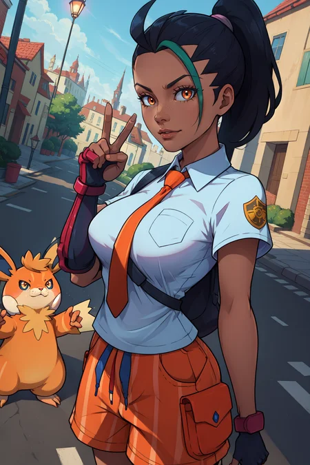 (masterpiece, best quality, absurdres, 4k, aesthetic, detailed, intricate, perfect lighting),outside,cinematic angle,1girl,smug, peace sign,nemona (pokemon), streaked hair, ponytail, orange necktie, orange shorts, single glove, school uniform, <lora:PKMN_Nemona-DEF:0.7>