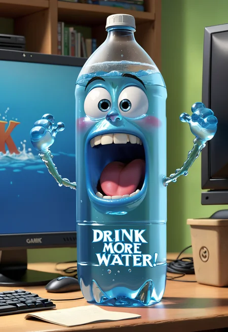 Pixar animation of a bottle of water standing next to gaming computer screen, desperate face, <lora:WildcardX-XL-Detail-Enhancer:0.6>, holding sign (text:"drink more water!")