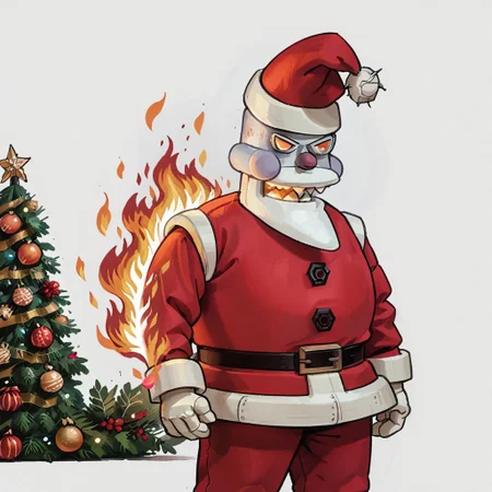score_9, score_8_up, score_7_up, score_6_up, rating_safe,
r0b0t_s4nta_c1aus, solo, santa hat, santa_costume, pants,  christmas headwear, christmas clothing, solo, laughing manically, breathing fire on christmas tree,
simple background,