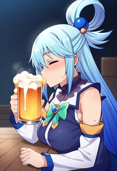 (zPDXL3),
(zPDXLxxx),
score_9, score_8_up, score_7_up,
1girl,
solo,
aqua \(konosuba\), long hair, hair ornament, very long hair, blue hair, hair rings, single hair ring, hair bobbles,
skirt, shirt, thighhighs, bare shoulders, detached sleeves, white thighhighs, blue skirt, blue shirt, green bow,
from side,
closed_eyes,
drink,
drinking,
1 beer,
beer mug,
beer foam,
holding mug,
Sip beer mug.,
flowing beer liquid,
looking_at_viewer,
portrait,
Bust Shot,
puffed cheeks,
blush,
gulp down,
noisy,
excited,