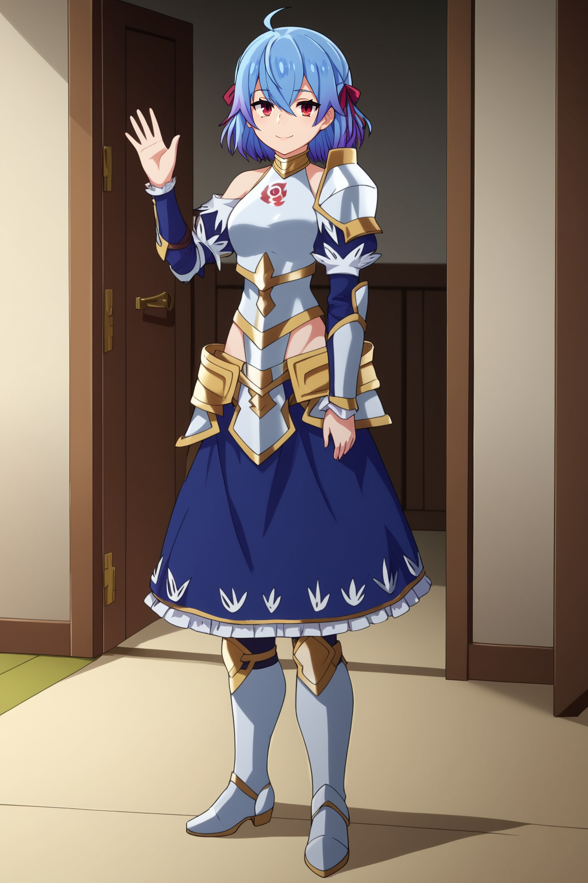 score_9, score_8_up, score_7_up, score_6_up, BREAK, RutiBHPXL, red eyes, blue hair, purple hair, gradient hair, short hair, hair ribbon, red ribbon, ahoge, hair between eyes, medium breasts, white armor, breastplate, detached sleeves, blue sleeves, single pauldron, hip armor, blue skirt, white thigh boots, solo, full body, standing, waving, seductive smile, looking at viewer, indoors <lora:RutiBHPXL:1>