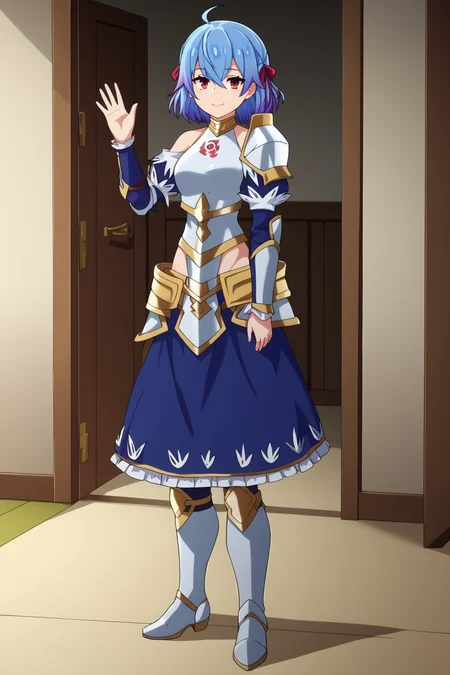 score_9, score_8_up, score_7_up, score_6_up, BREAK, RutiBHPXL, red eyes, blue hair, purple hair, gradient hair, short hair, hair ribbon, red ribbon, ahoge, hair between eyes, medium breasts, white armor, breastplate, detached sleeves, blue sleeves, single pauldron, hip armor, blue skirt, white thigh boots, solo, full body, standing, waving, seductive smile, looking at viewer, indoors <lora:RutiBHPXL:1>